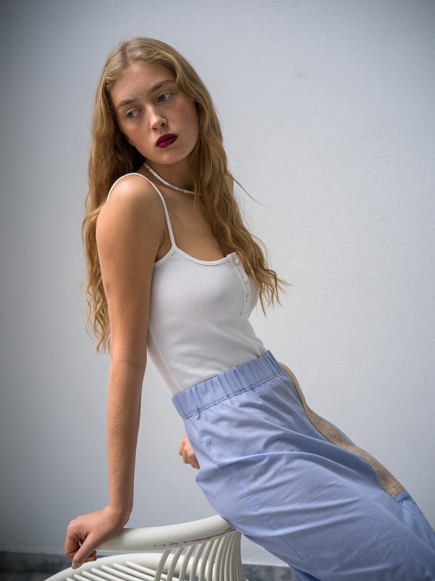 Raffia Skirt. light blue stripe