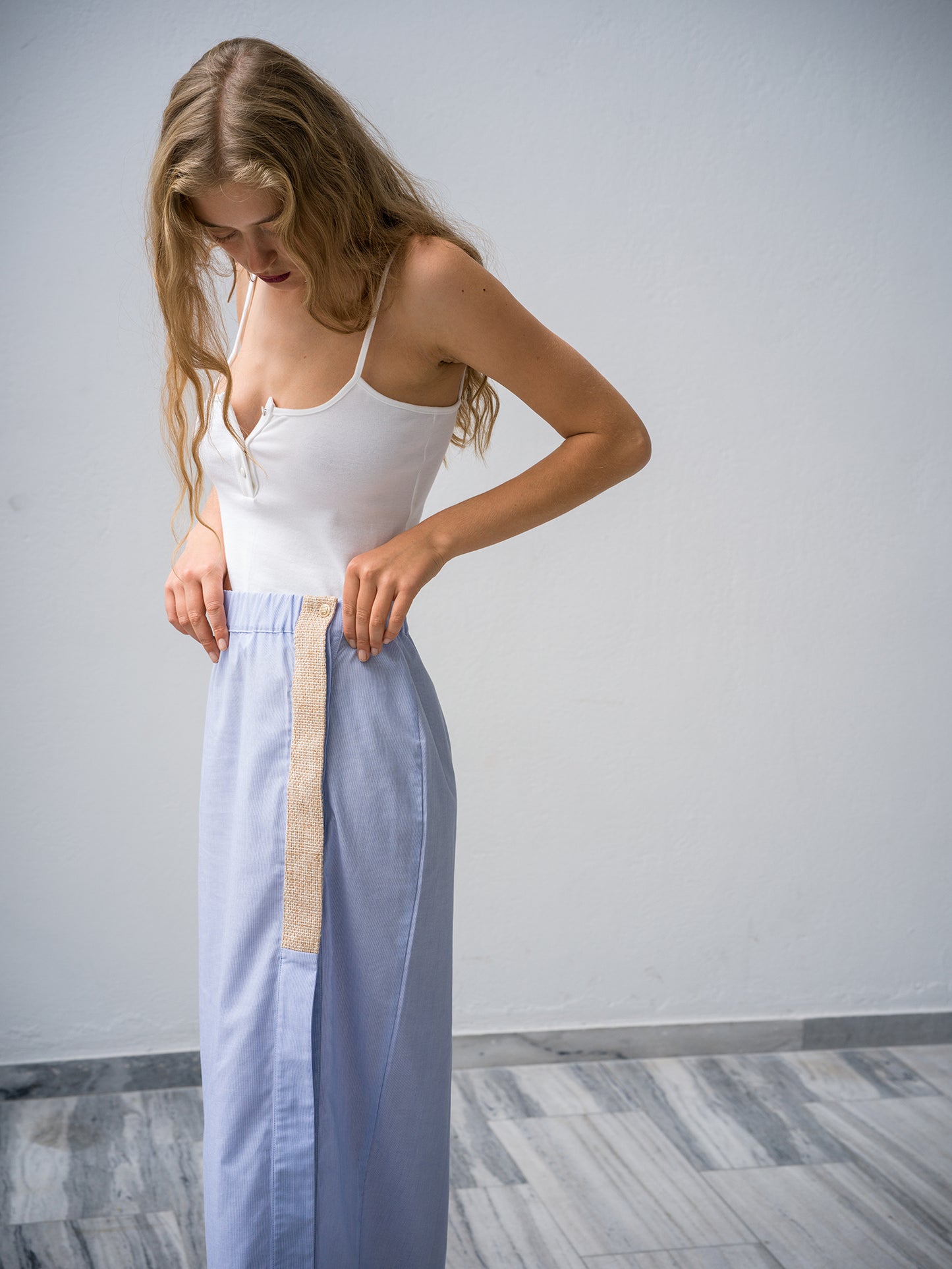 Raffia Skirt. light blue stripe