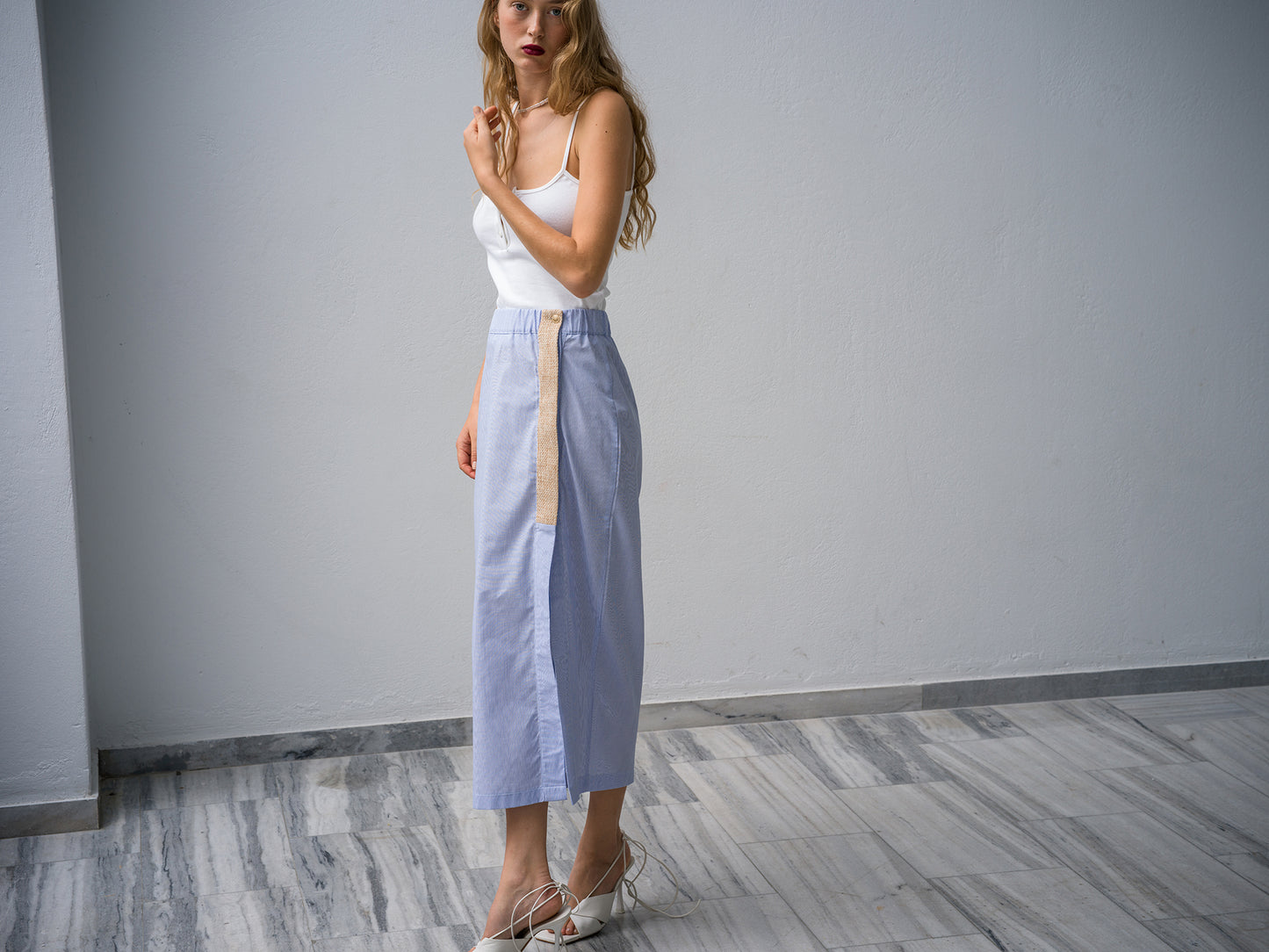 Raffia Skirt. light blue stripe