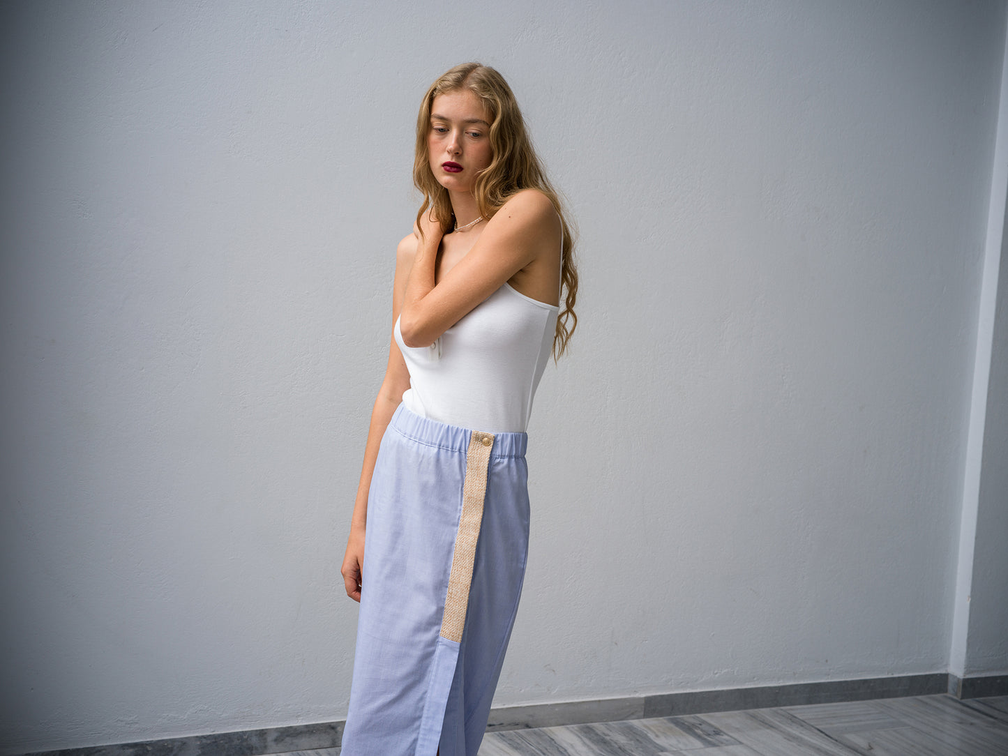 Raffia Skirt. light blue stripe
